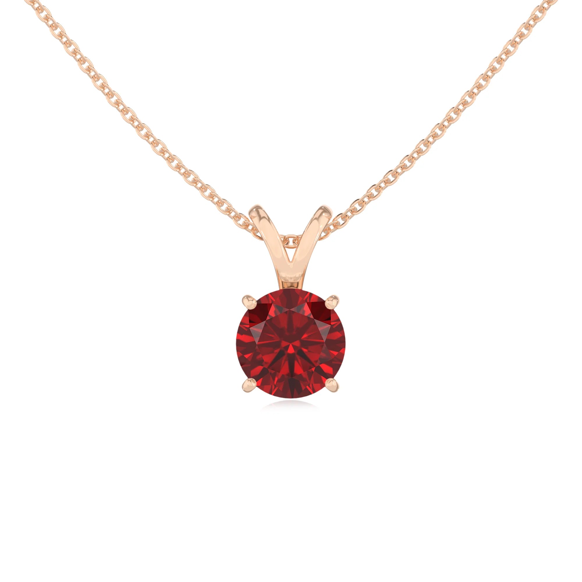 lab grown ruby round solitaire v-bale necklaces in rose gold 