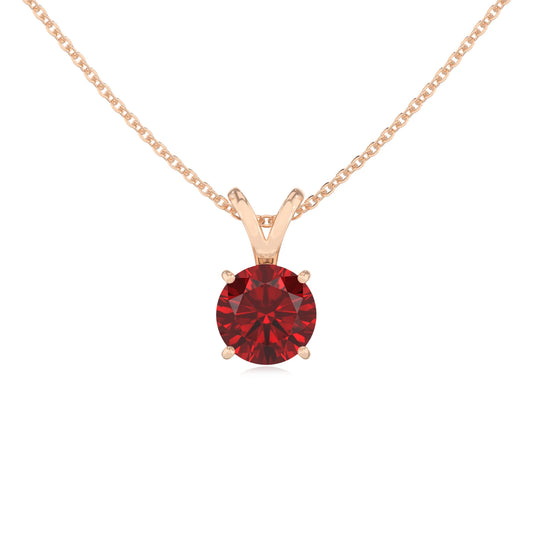 lab grown ruby round solitaire v-bale necklaces in rose gold 