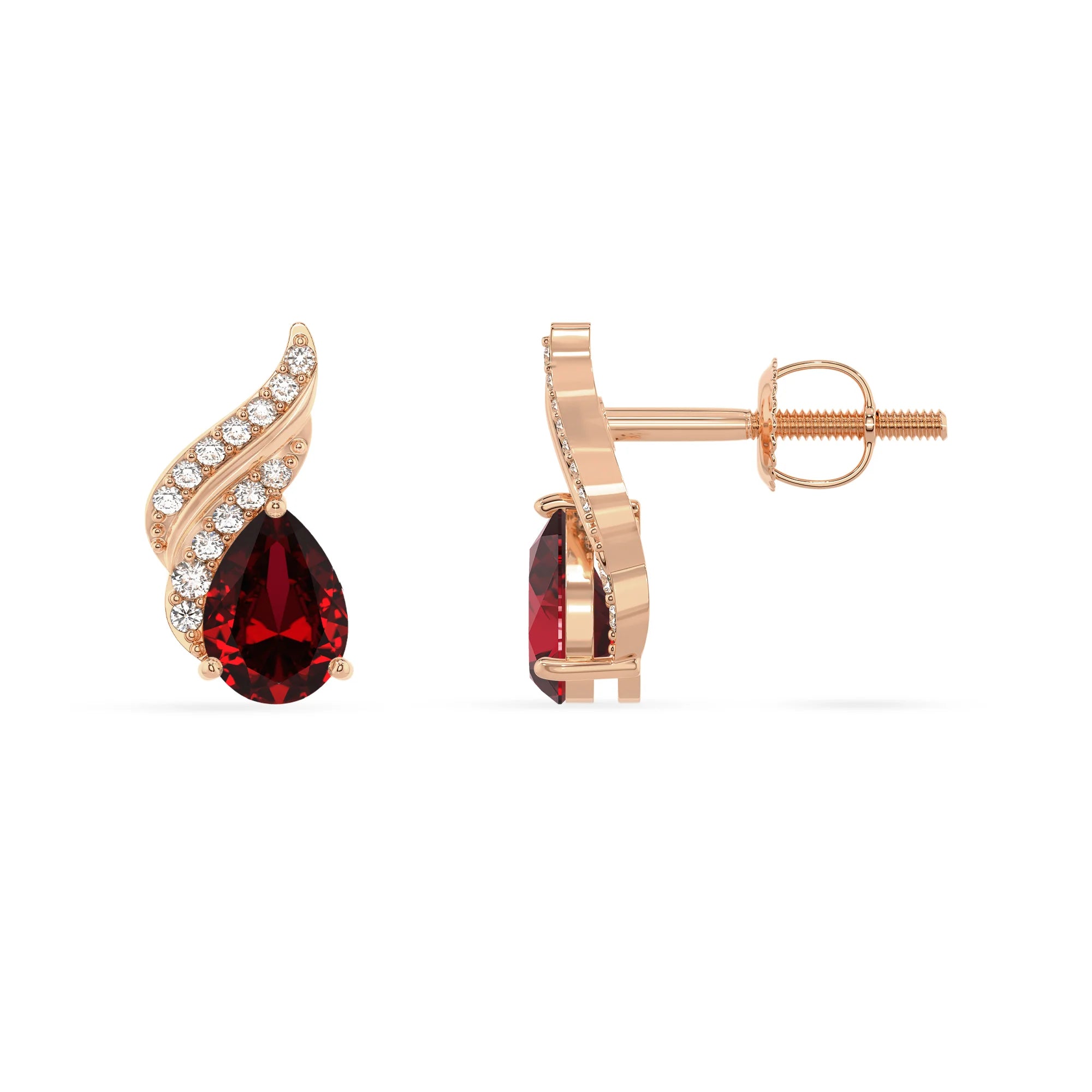 lab grown ruby pear stud earrings in rose gold 