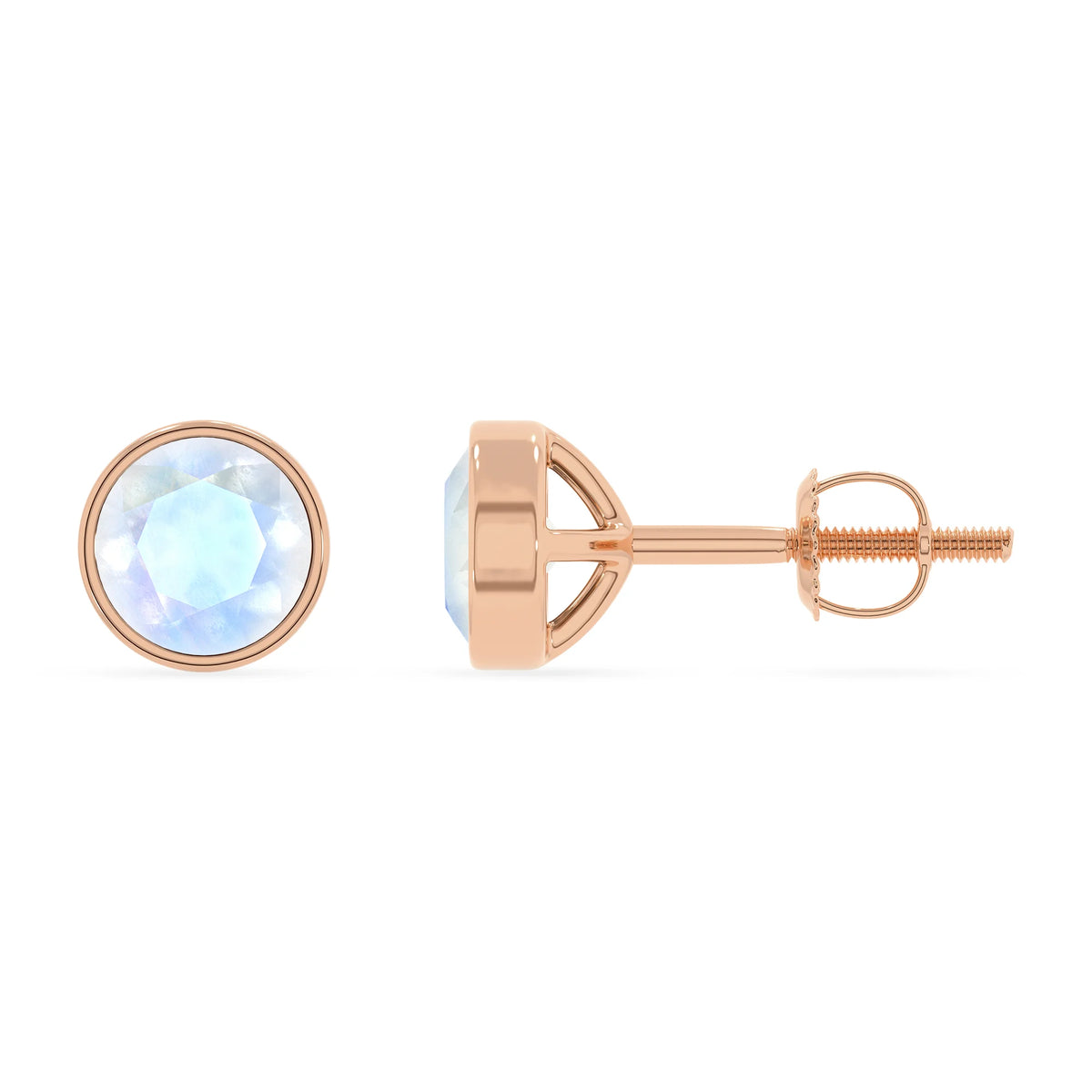 natural rainbow moonstone round stud earrings in rose gold 