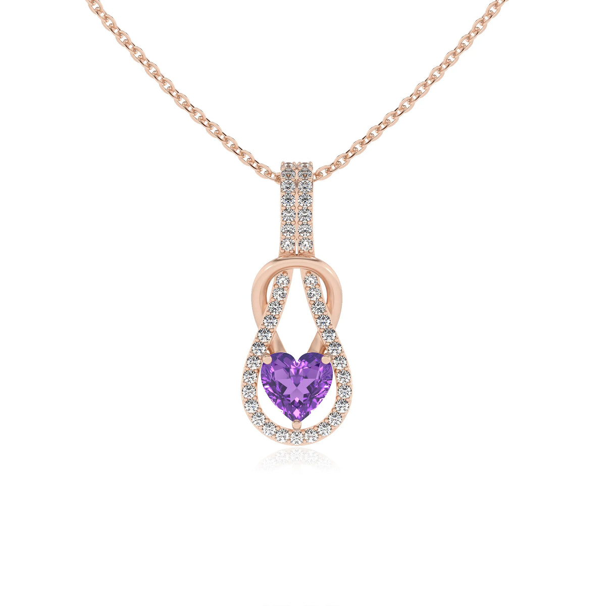 lab grown amethyst heart infinity  v-bale necklaces in rose gold 