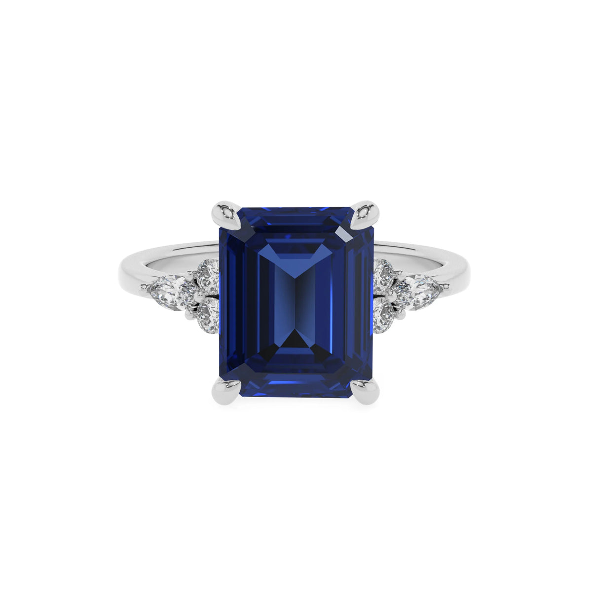 lab grown blue-sapphire emerald cut solitaire rings in white gold 