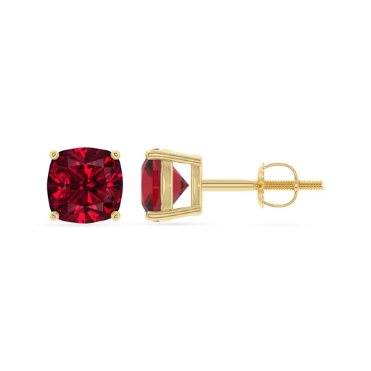 lab grown ruby cushion stud earrings in yellow gold 