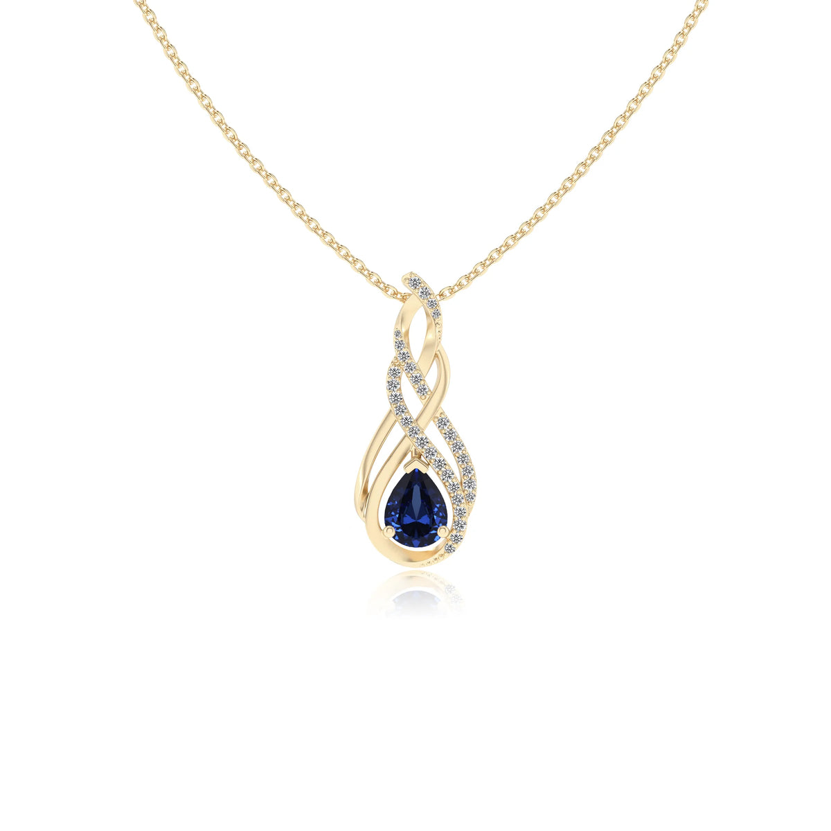 lab grown blue-sapphire pear solitaire necklaces in yellow gold 