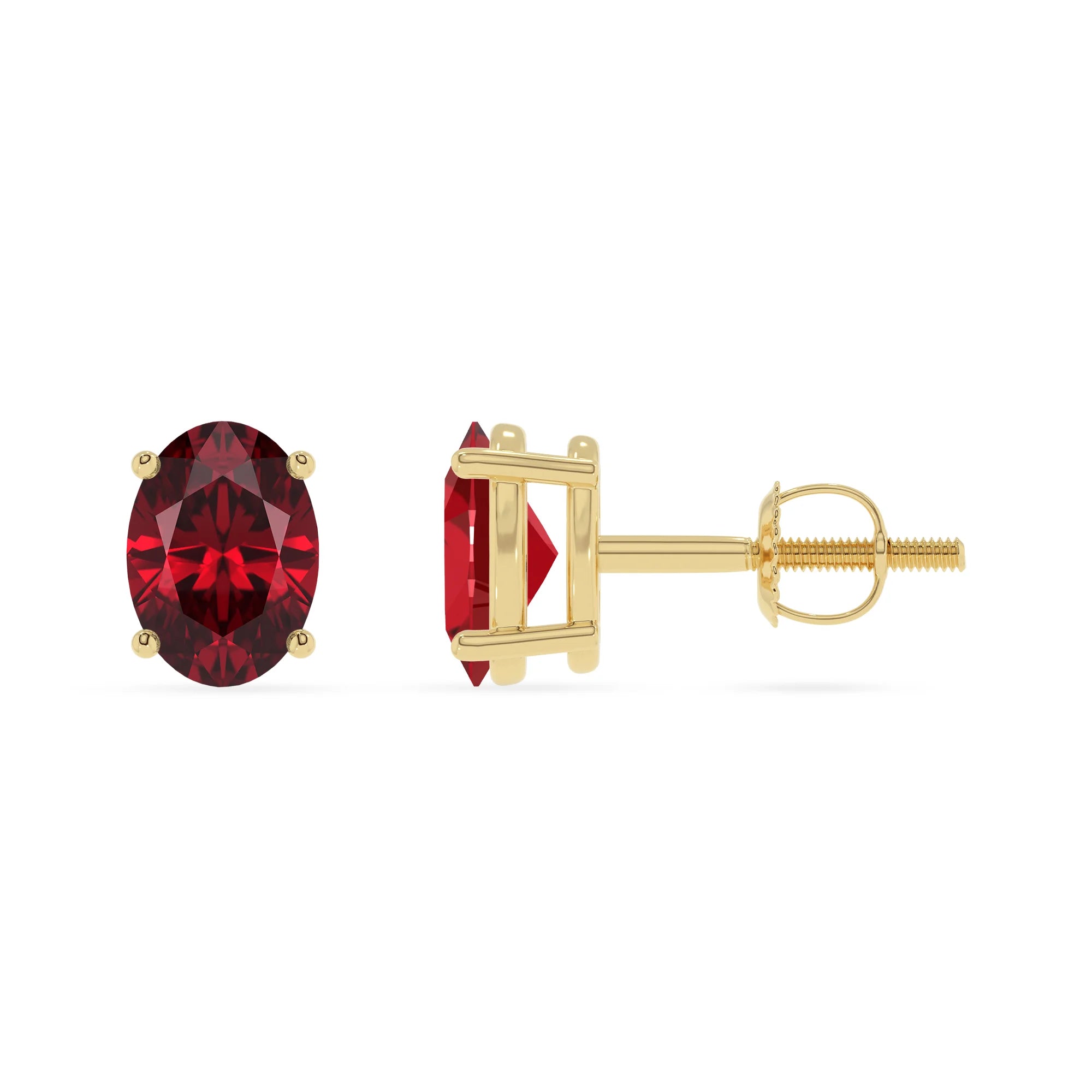 lab grown ruby oval stud earrings in yellow gold 