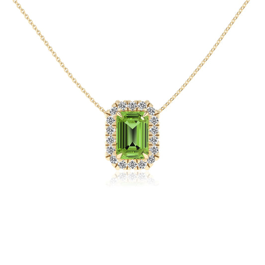 natural peridot emerald cut solitaire necklaces in yellow gold 