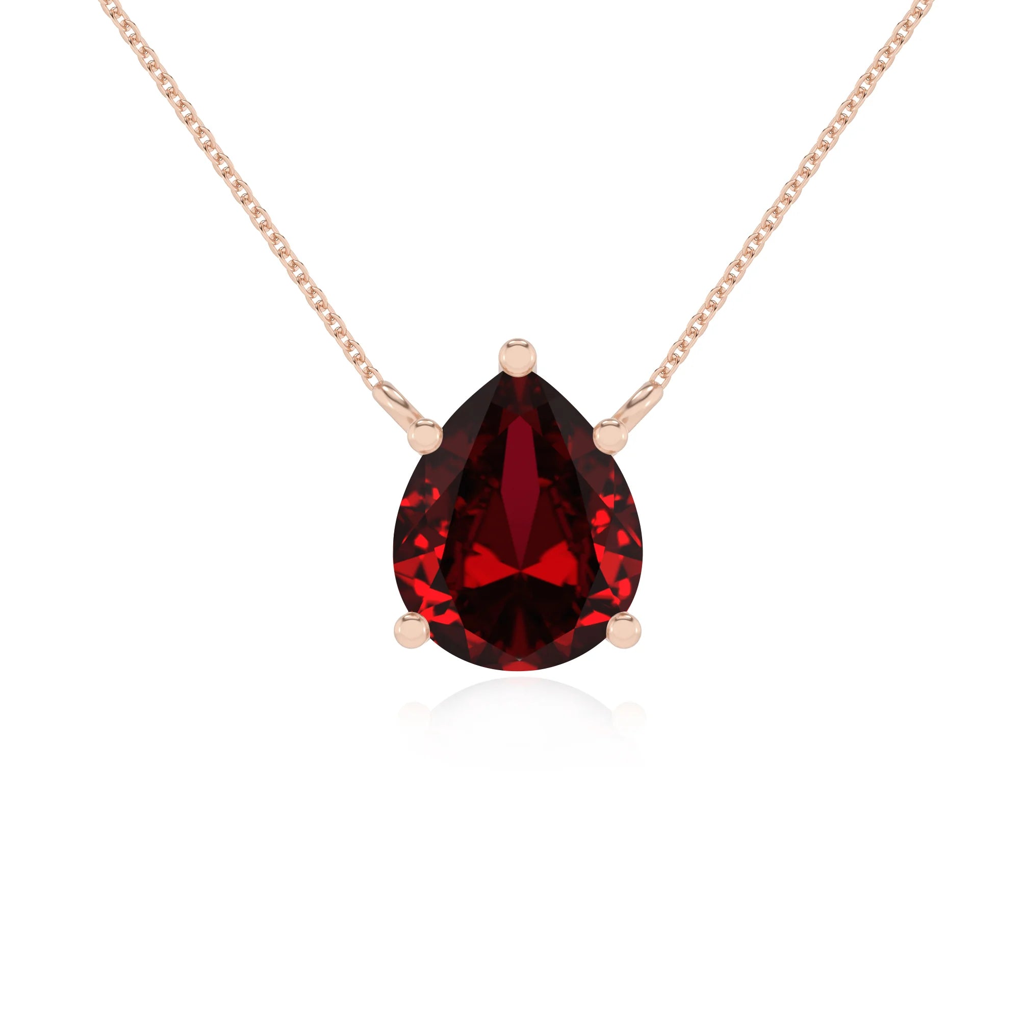 lab grown ruby pear solitaire necklaces in rose gold 