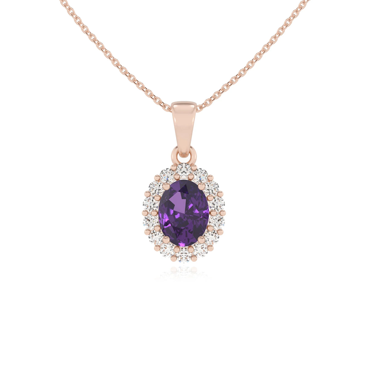 lab grown amethyst oval solitaire necklaces in rose gold 