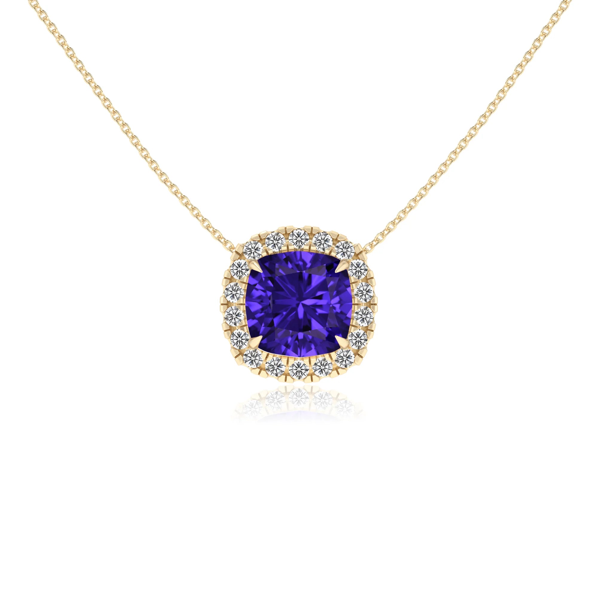 lab grown tanzanite cushion solitaire necklaces in yellow gold 