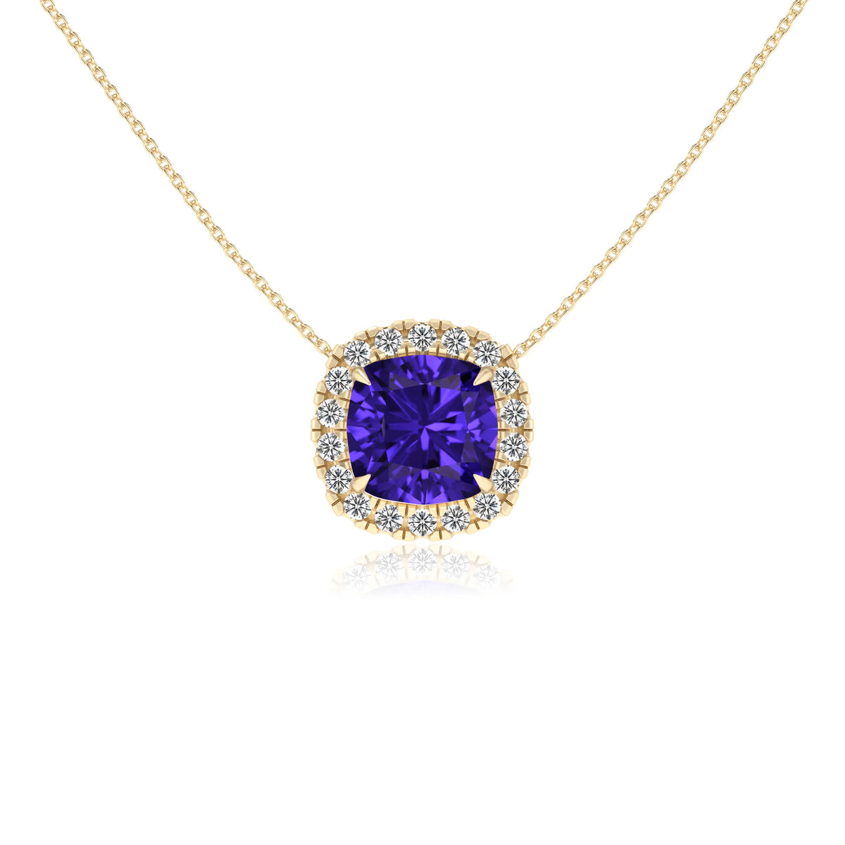 lab grown tanzanite cushion solitaire necklaces in yellow gold 