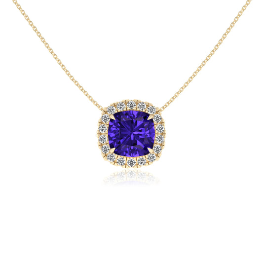 lab grown tanzanite cushion solitaire necklaces in yellow gold 
