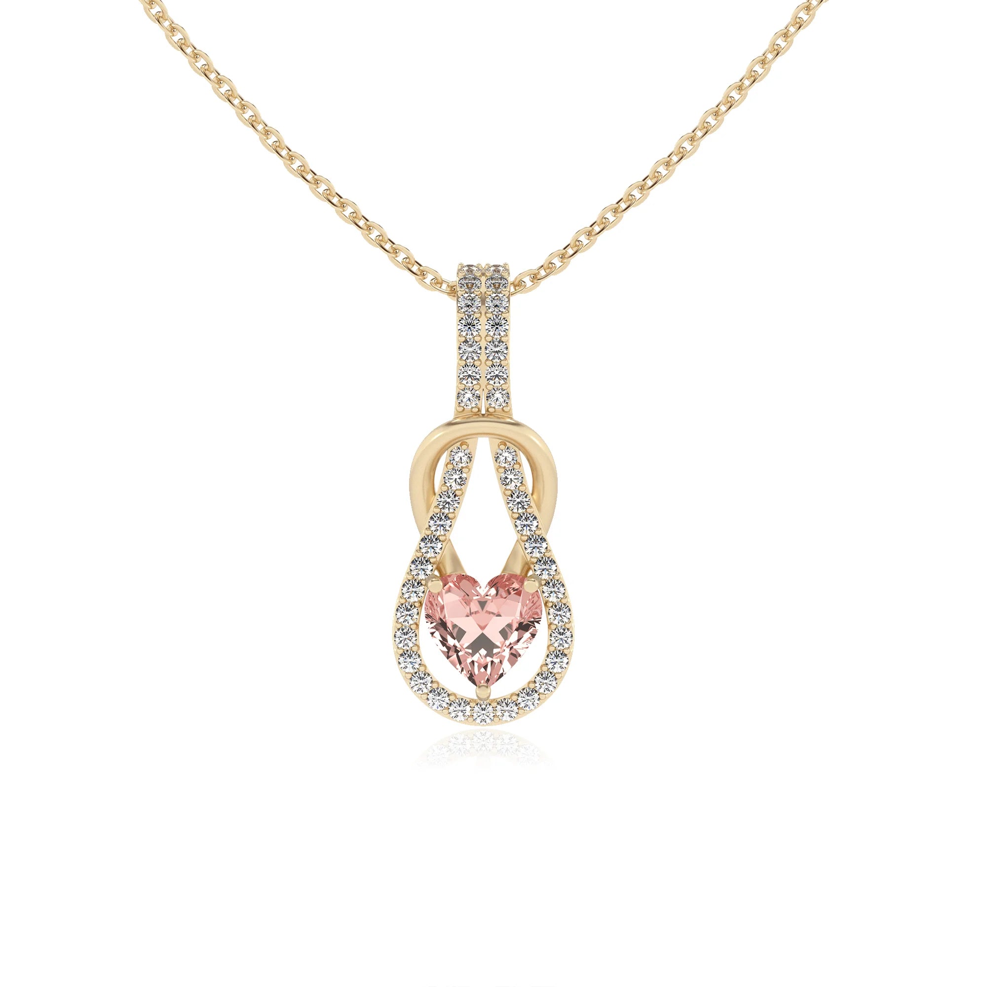 lab grown morganite heart infinity  v-bale necklaces in yellow gold 