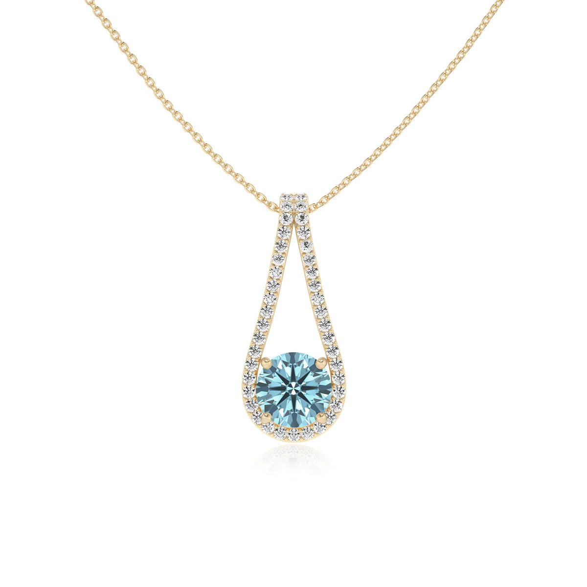 lab grown aquamarine round solitaire v-bale necklaces in yellow gold 