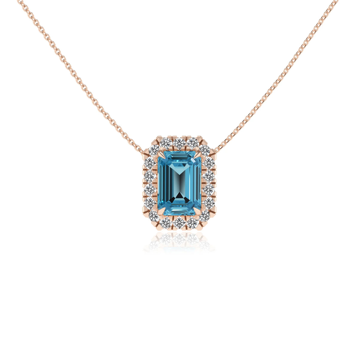 natural swiss blue topaz emerald cut solitaire necklaces in rose gold 
