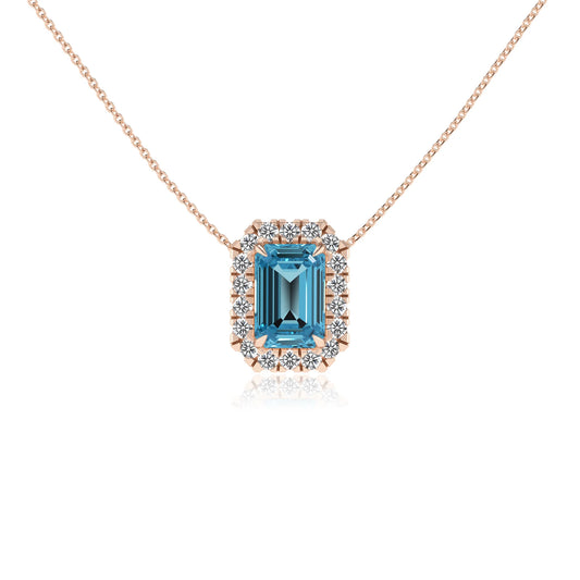 natural swiss blue topaz emerald cut solitaire necklaces in rose gold 