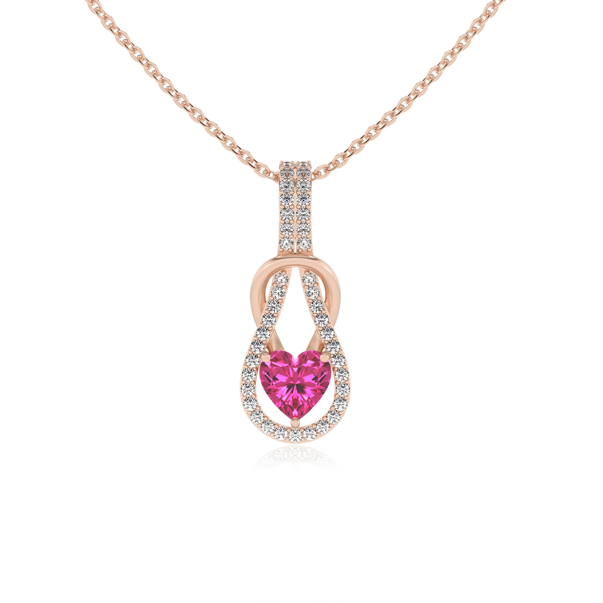 lab grown pink-sapphire heart infinity  v-bale necklaces in rose gold 