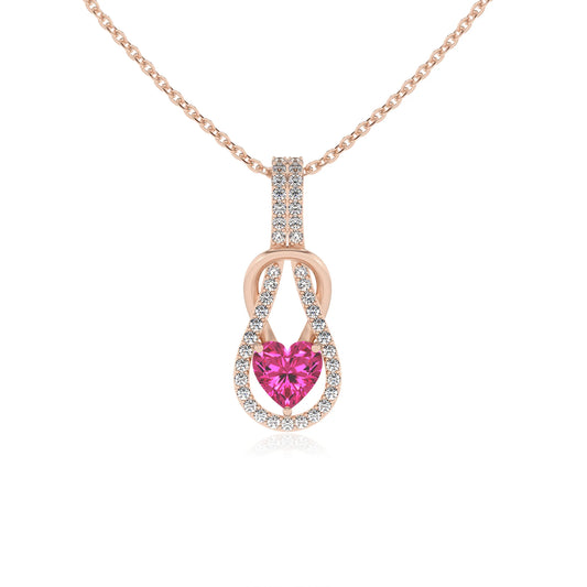 lab grown pink-sapphire heart infinity  v-bale necklaces in rose gold 