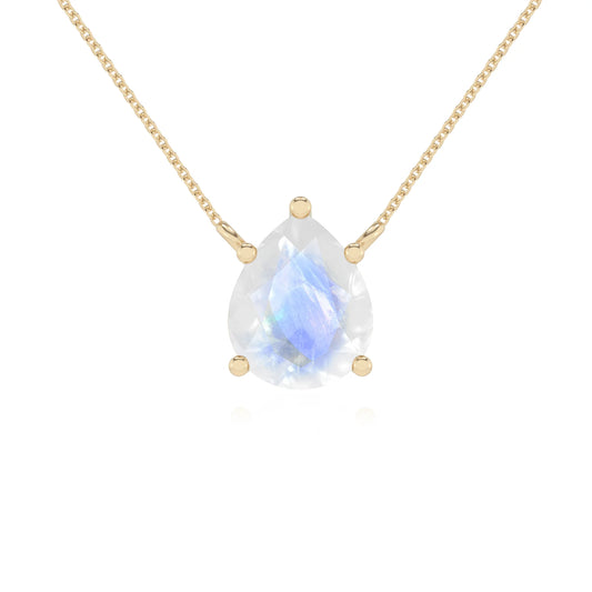 natural rainbow-moonstone pear solitaire necklaces in yellow gold 