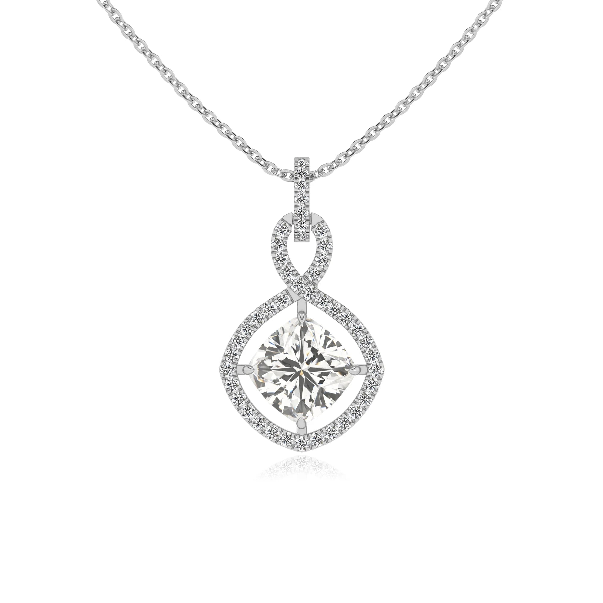 lab grown moissanite cushion infinity necklaces in white gold 