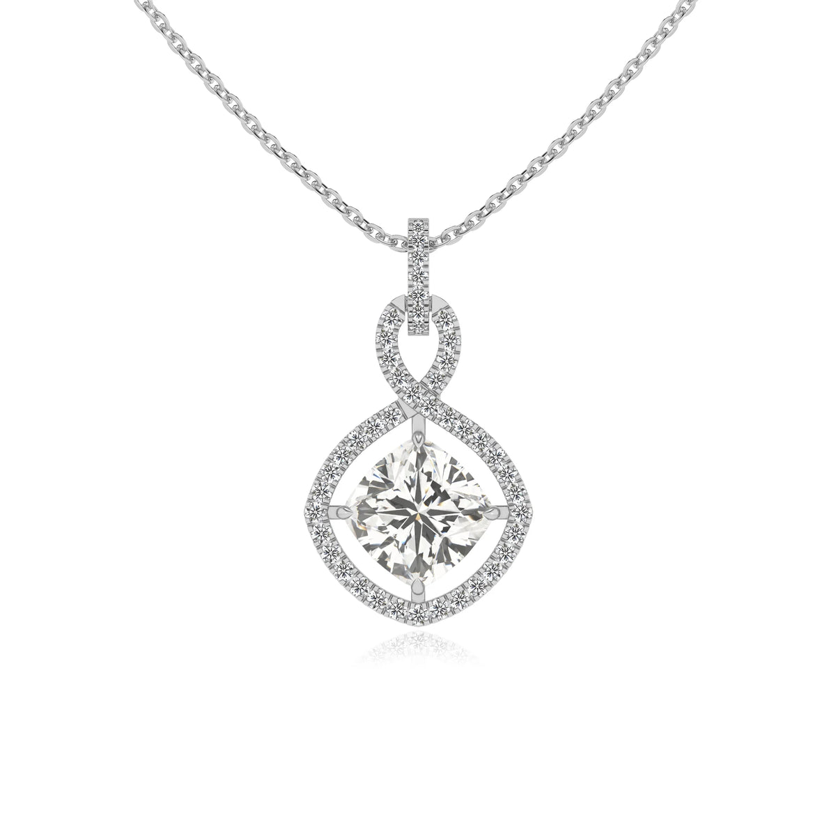 lab grown moissanite cushion infinity necklaces in white gold 