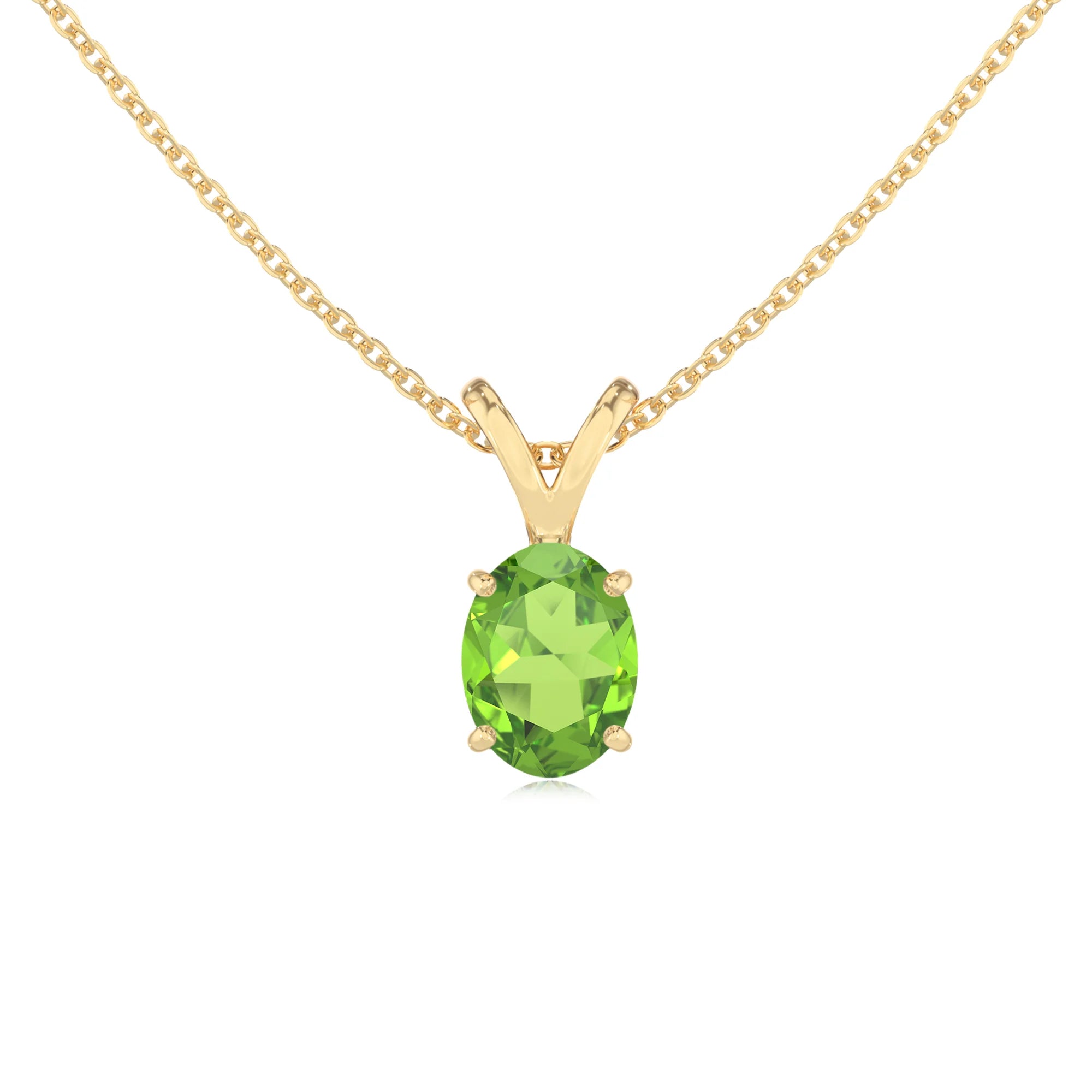 natural peridot oval solitaire v-bale necklaces in yellow gold 