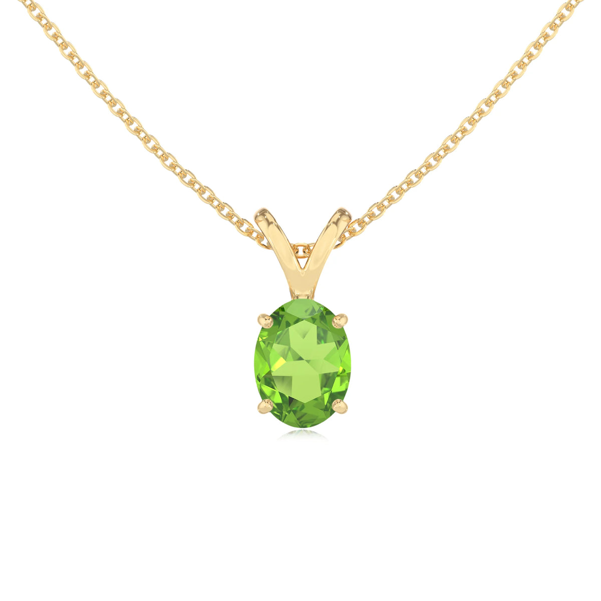 natural peridot oval solitaire v-bale necklaces in yellow gold 