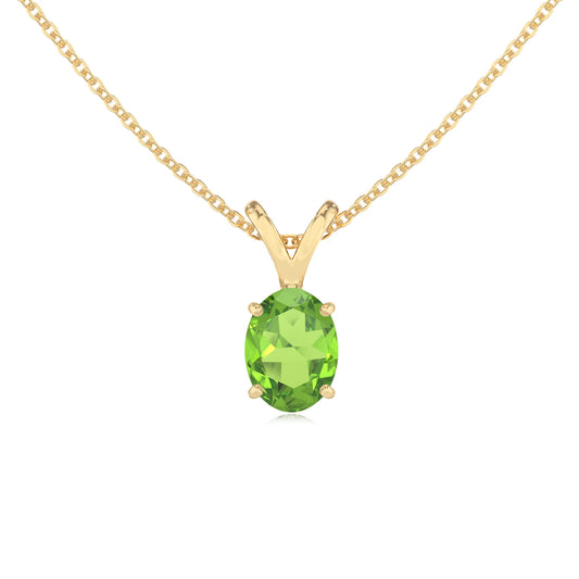 natural peridot oval solitaire v-bale necklaces in yellow gold 