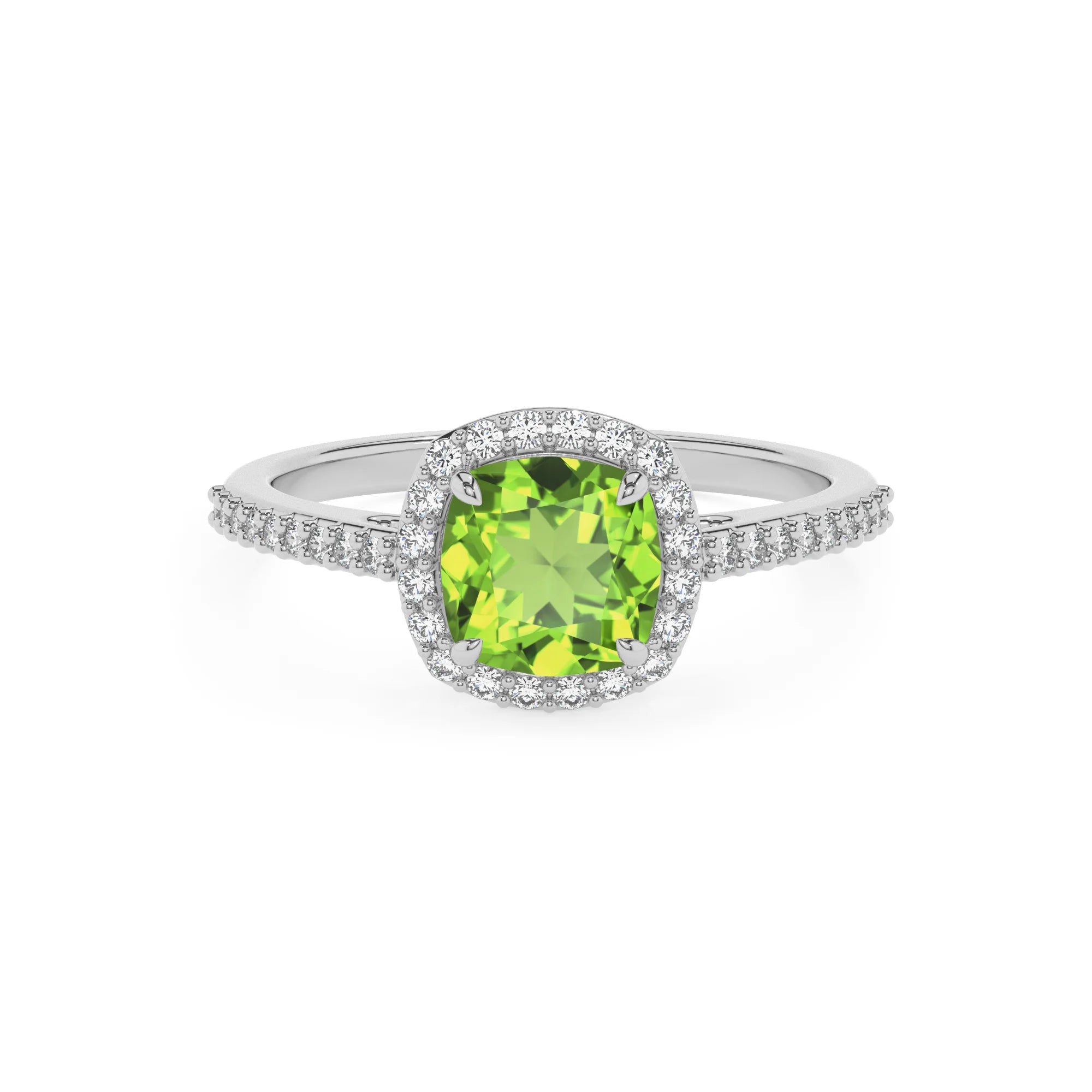 natural peridot cushion solitaire rings in platinum 