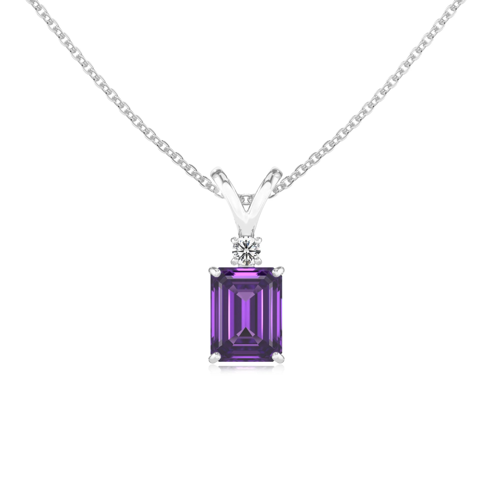 lab grown amethyst emerald cut solitaire v-bale necklaces in white gold 