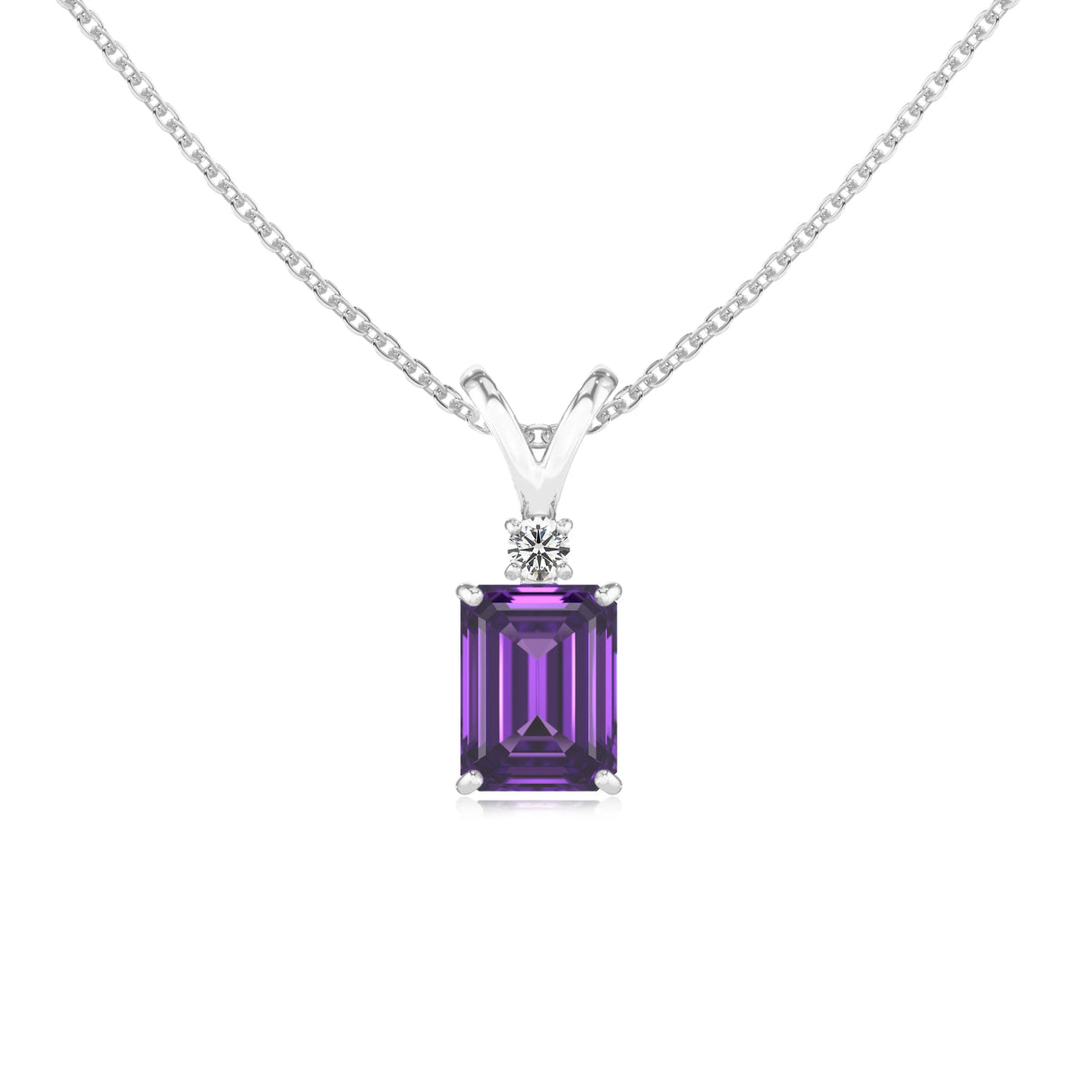 lab grown amethyst emerald cut solitaire v-bale necklaces in white gold 