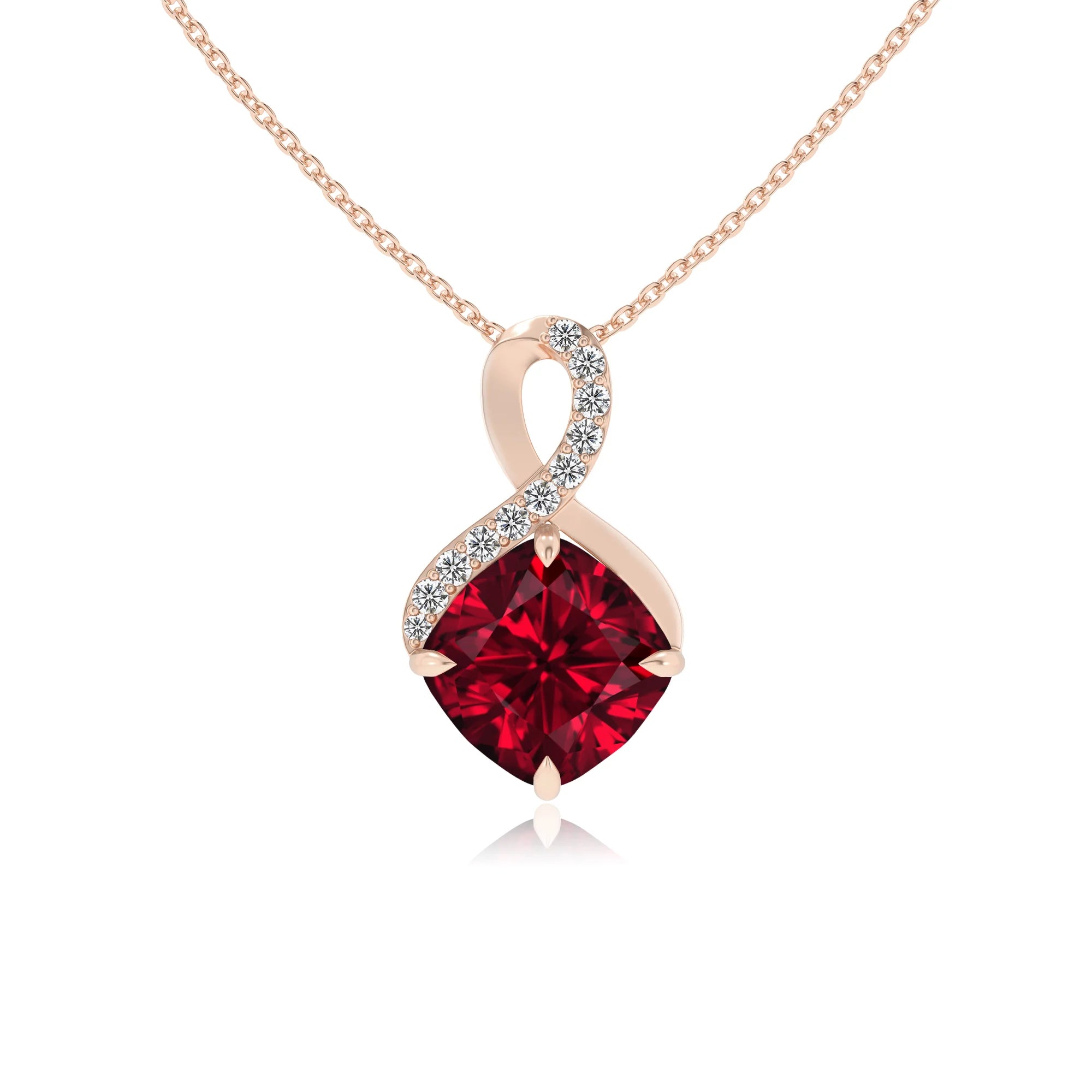 lab grown ruby cushion infinity necklaces in rose gold 