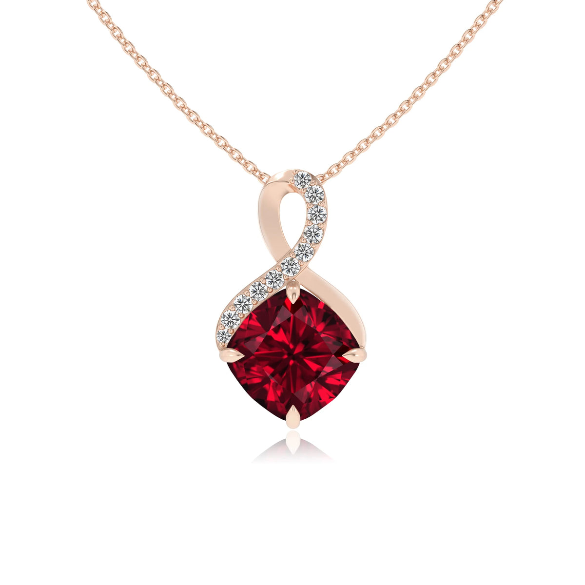 lab grown ruby cushion infinity necklaces in rose gold 