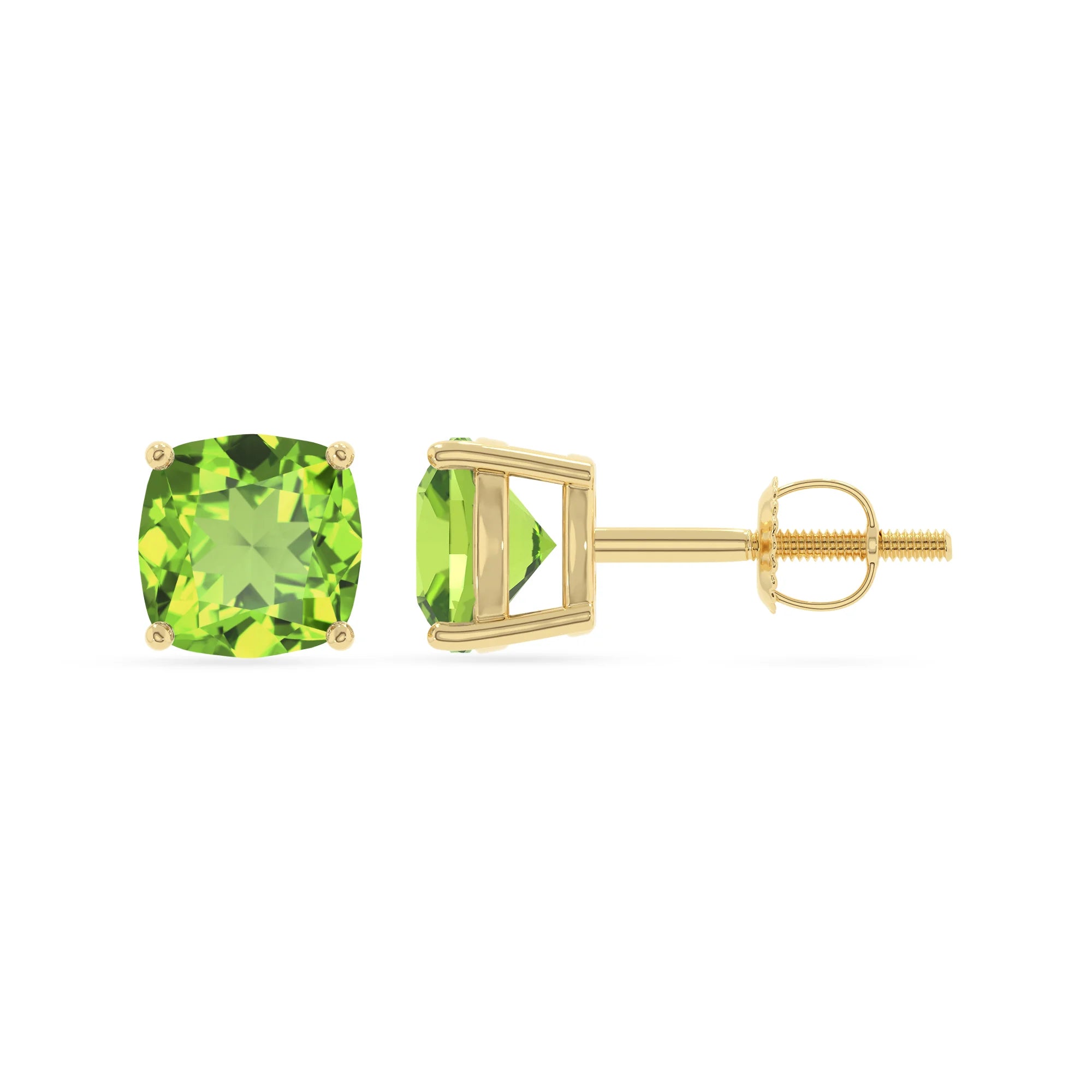 natural peridot cushion stud earrings in yellow gold 