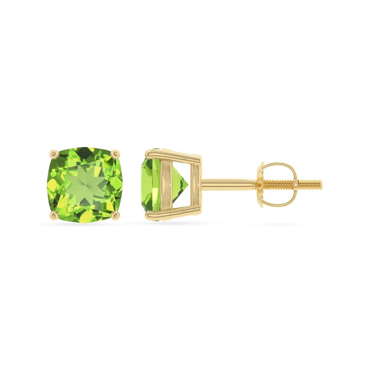 natural peridot cushion stud earrings in yellow gold 