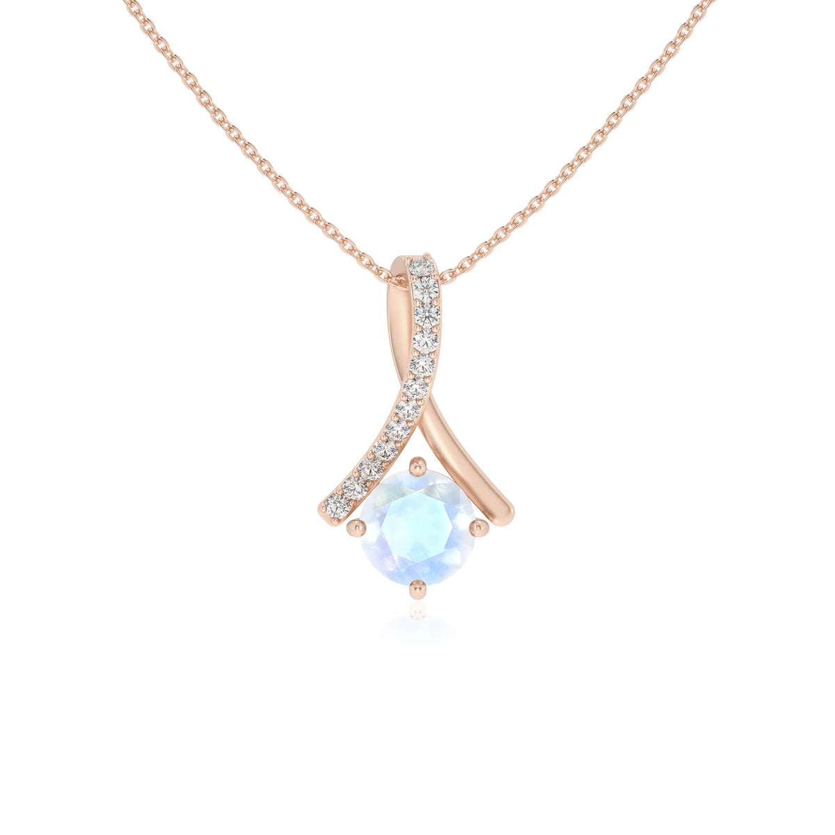 natural rainbow-moonstone round solitaire necklaces in rose gold 