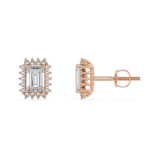 lab grown moissanite emerald cut stud earrings in rose gold 