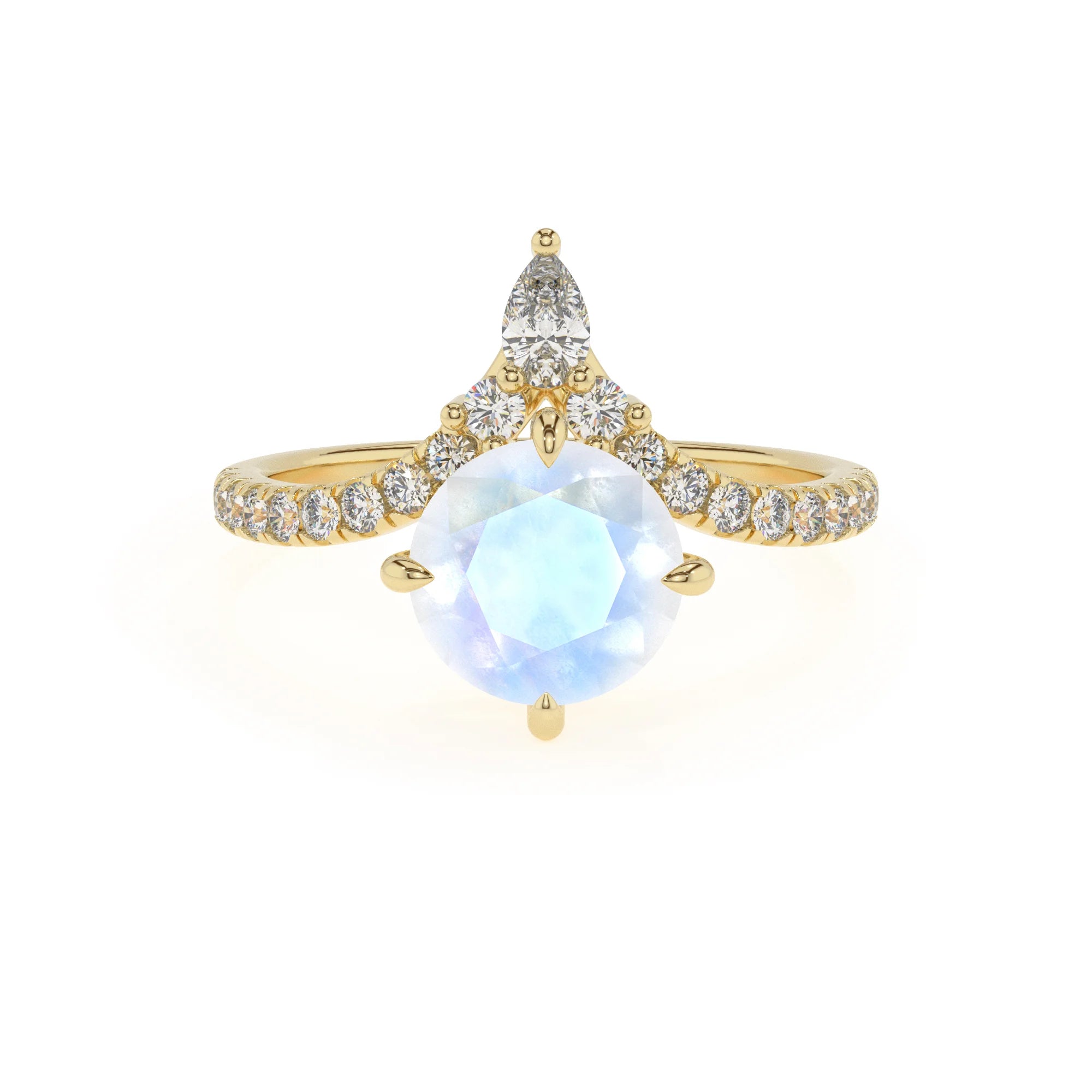 natural rainbow-moonstone round solitaire rings in yellow gold 