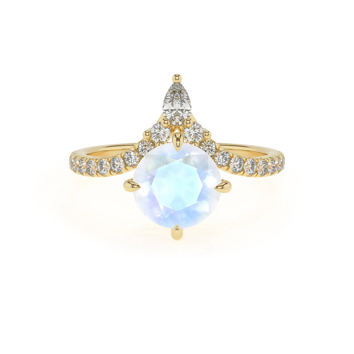 natural rainbow-moonstone round solitaire rings in yellow gold 