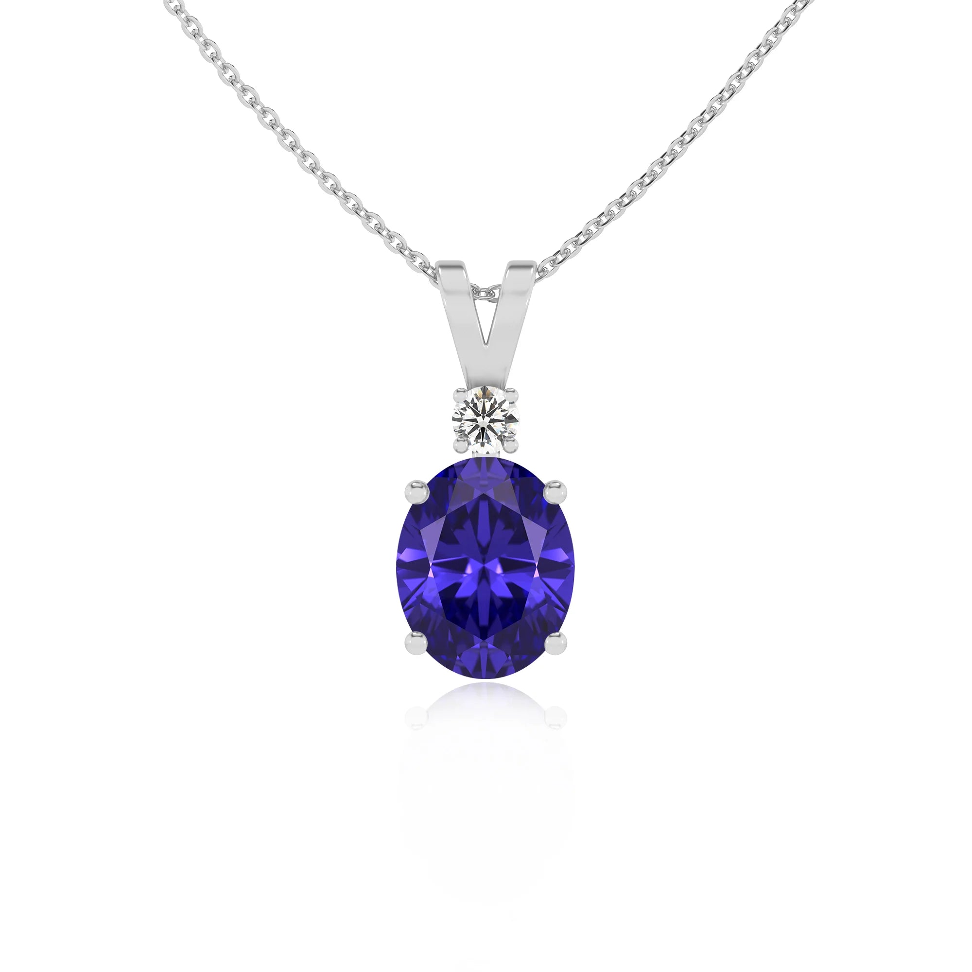 lab grown tanzanite oval solitaire v-bale necklaces in white gold 
