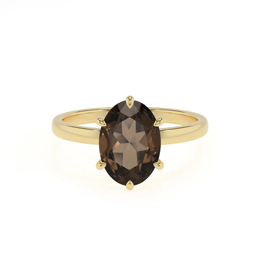 natural smoky-quartz oval solitaire rings in yellow gold 