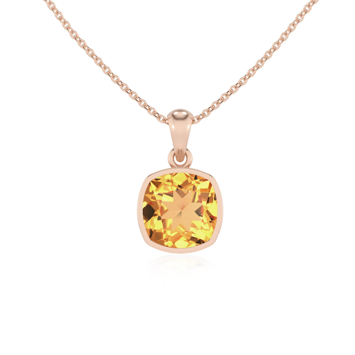 lab grown citrine cushion solitaire necklaces in rose gold 