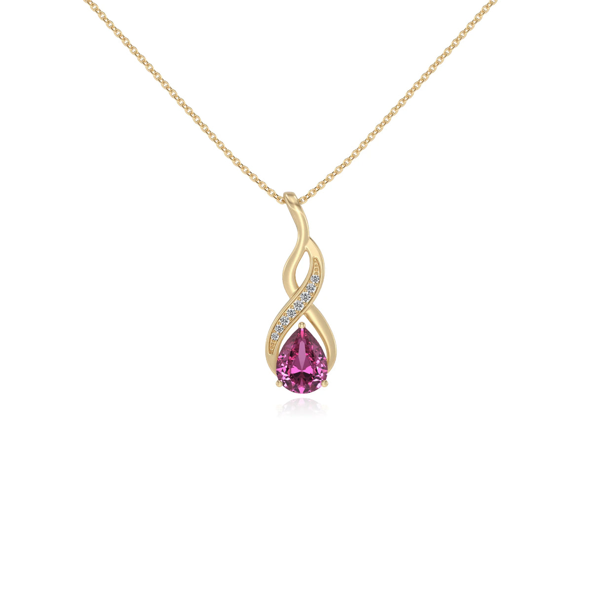 lab grown pink-sapphire pear solitaire necklaces in yellow gold 