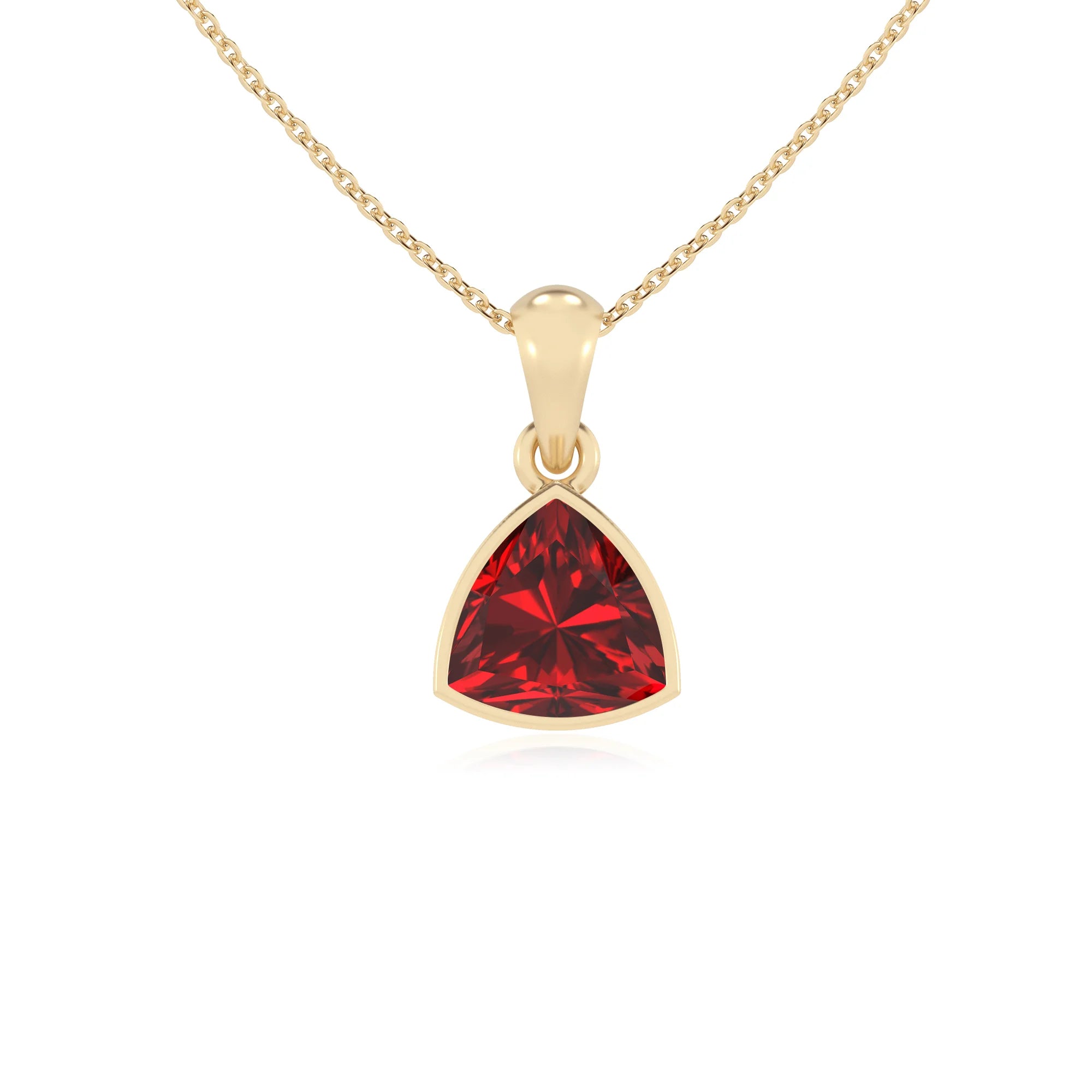 lab grown ruby trillion solitaire necklaces in yellow gold 