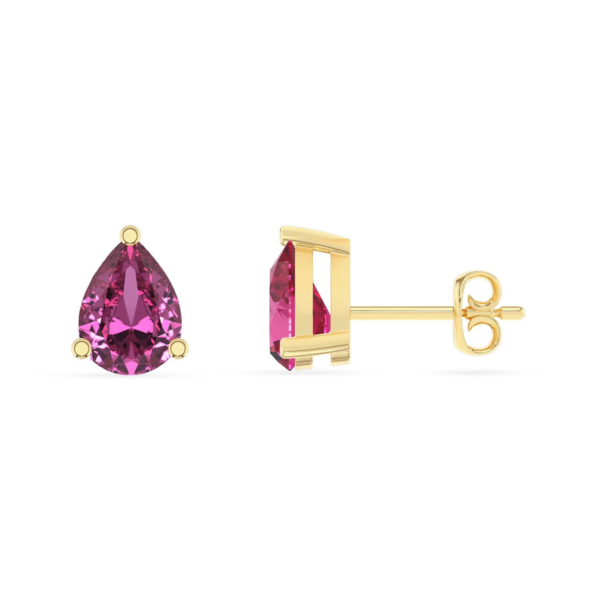 lab grown pink sapphire pear stud earrings in yellow gold 