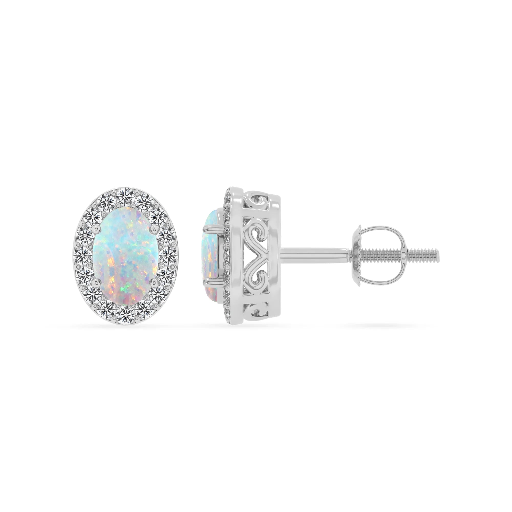 lab grown opal oval stud earrings in white gold 