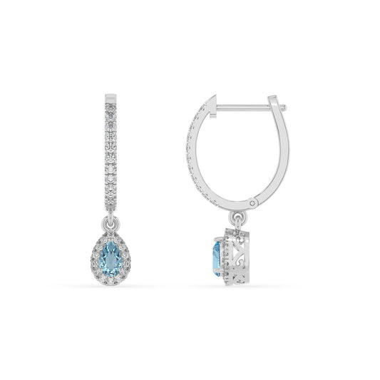 lab grown aquamarine pear drop earrings in white gold 