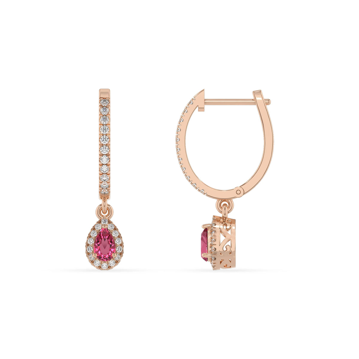 lab grown pink tourmaline pear drop earrings in rose gold 