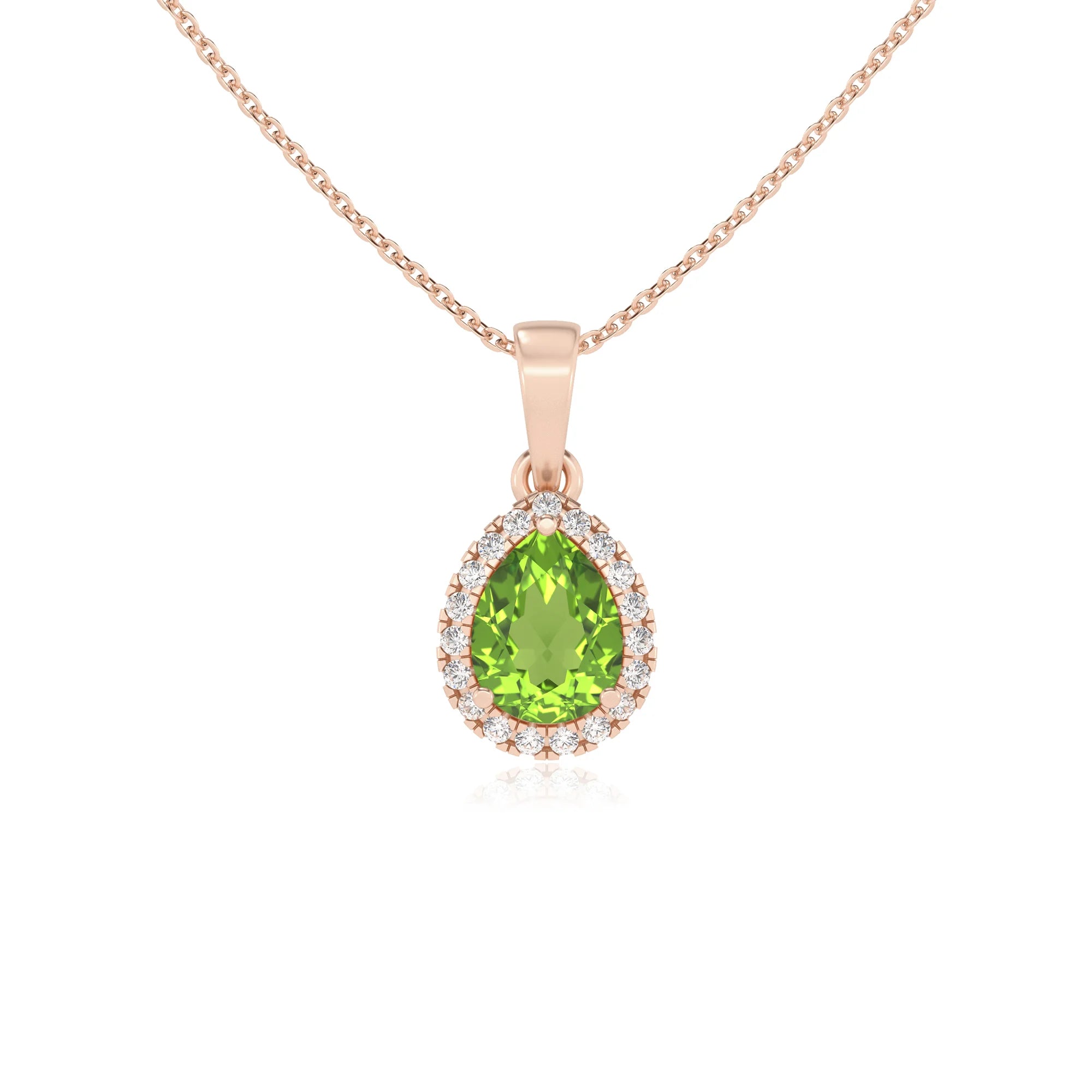 natural peridot pear solitaire necklaces in rose gold 