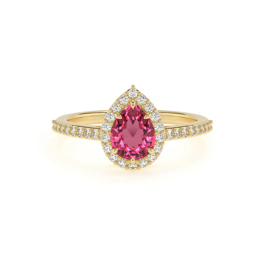 lab grown pink-tourmaline pear solitaire rings in yellow gold 