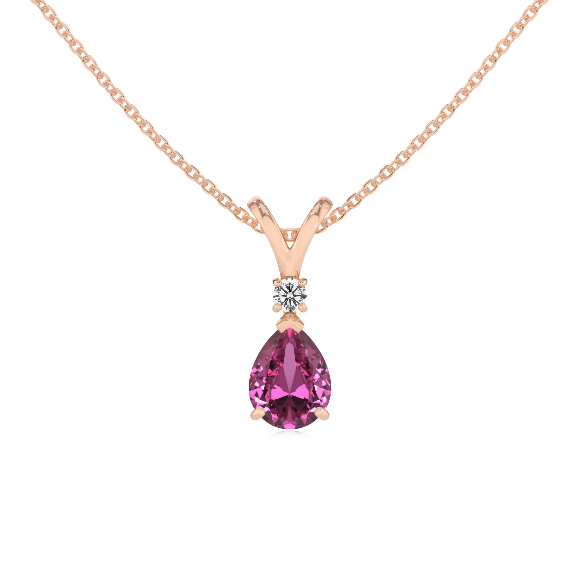 lab grown pink-sapphire pear solitaire v-bale necklaces in rose gold 